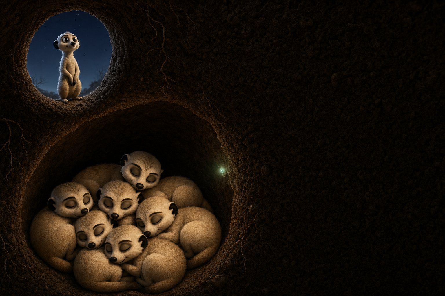 A sentry meerkat in a tunnel mouth above a chamber of sleeping meerkats