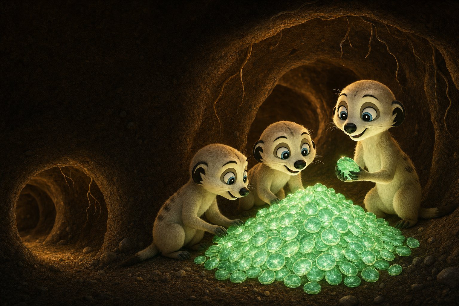 Meerkats in an earth chamber gathered around a pile of glowing green coins